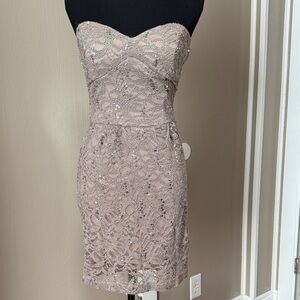 B Darlin Strapless Sequined Lace Sheath Dress in Blush
